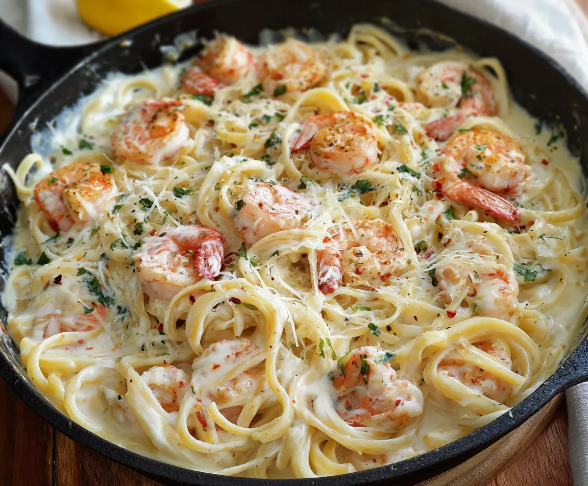 Creamy Seafood Alfredo Pasta with shrimp and scallops on a white plate, garnished with parsley.