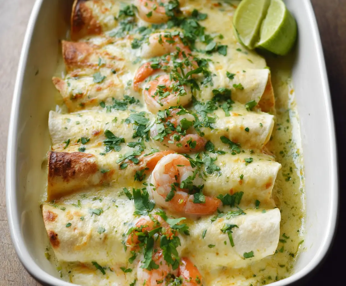 Delicious shrimp enchiladas topped with creamy poblano sauce garnished with fresh cilantro.