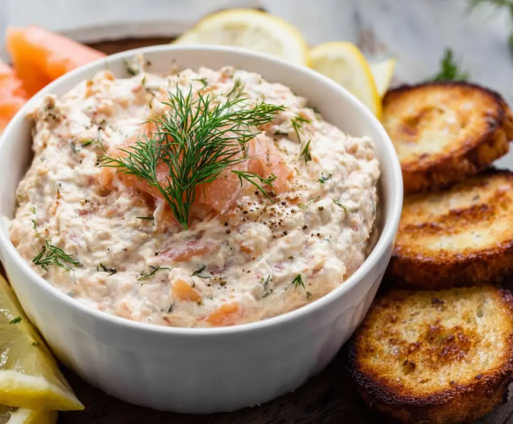 Creamy smoked salmon dip served with fresh herbs and crackers, perfect for appetizers.