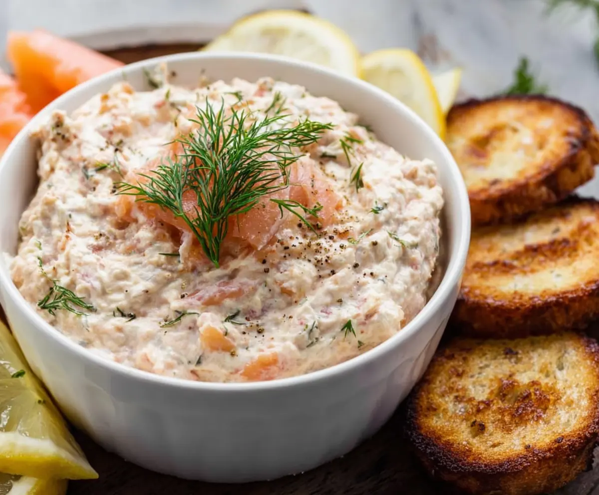 Creamy smoked salmon dip served with fresh herbs and crackers, perfect for appetizers.