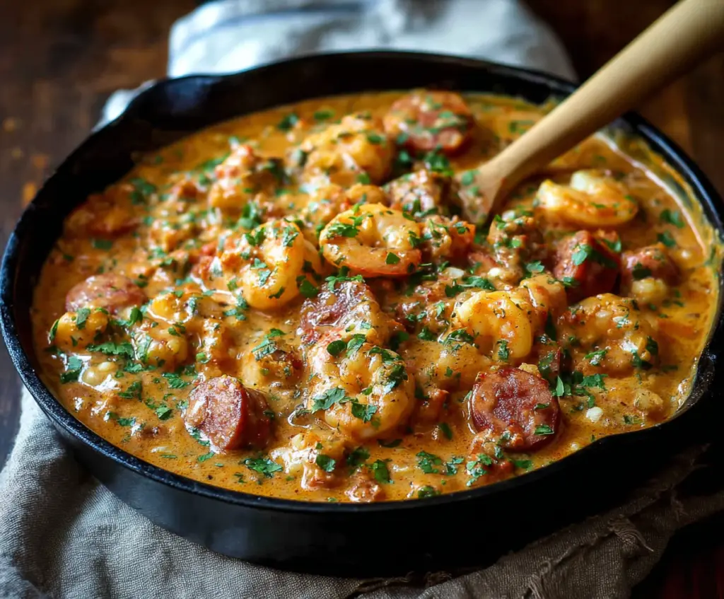 Delicious smothered shrimp and sausage served with flavorful herbs and vegetables.