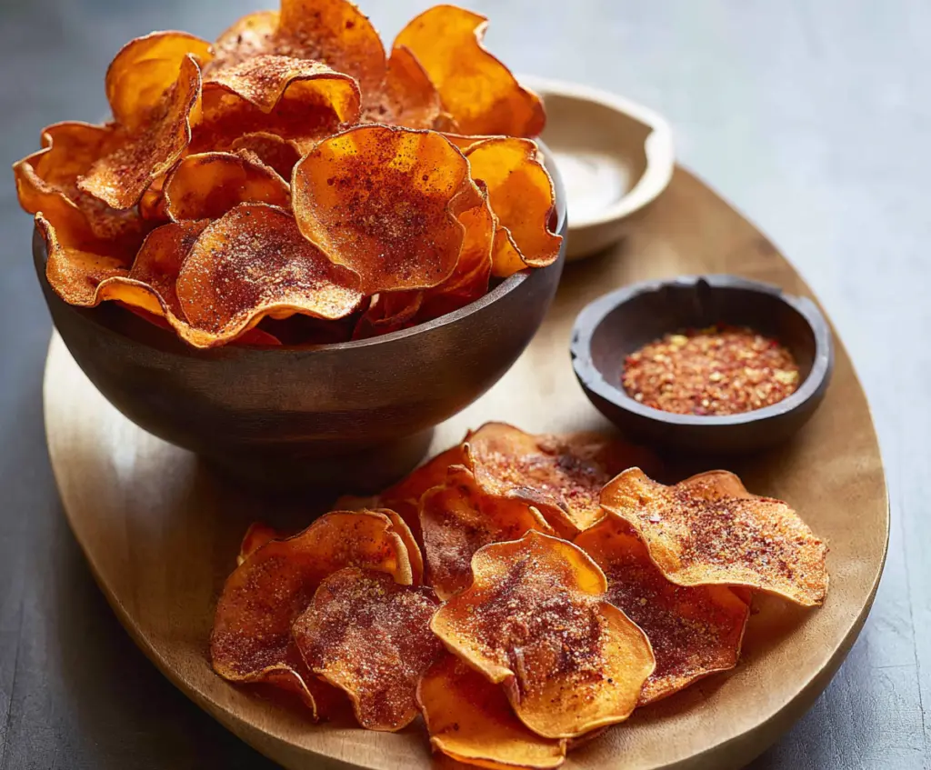 Crispy spicy sweet potato chips served on a white plate with seasoning