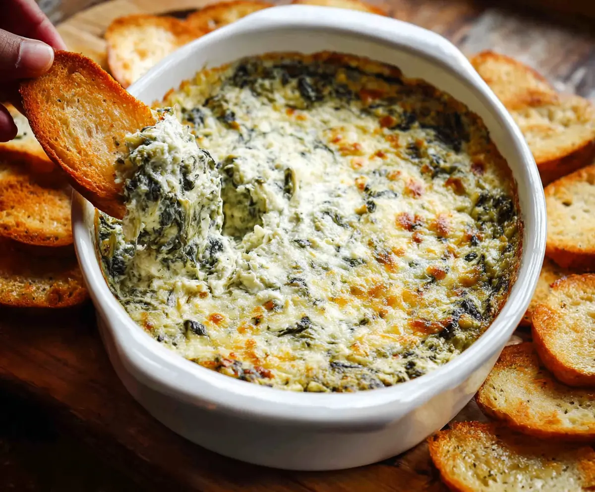 Creamy spinach and artichoke dip served in a bowl with fresh bread slices.