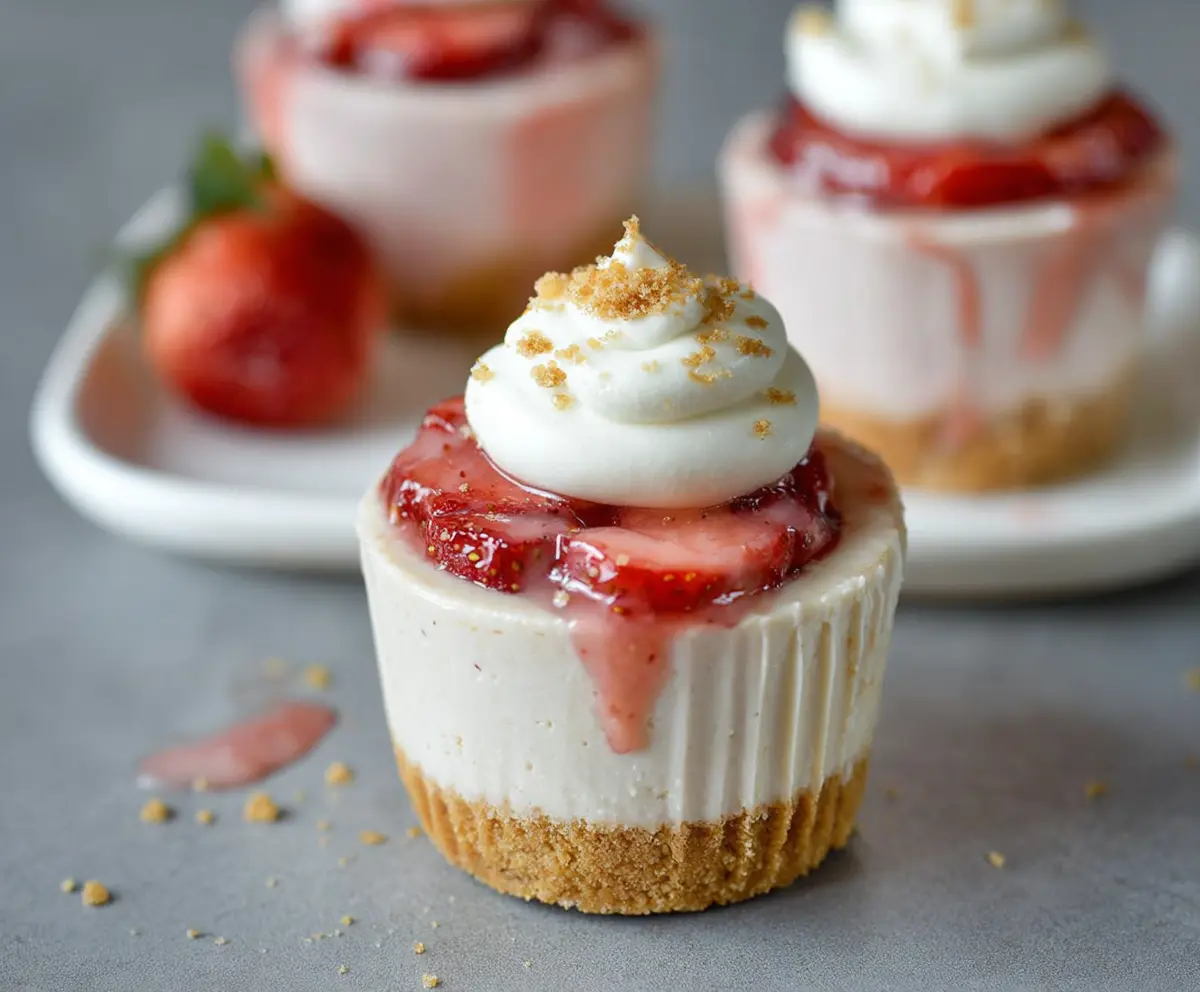 Delicious Strawberry Cheesecake Protein Cups garnished with fresh strawberries and a graham cracker crust.