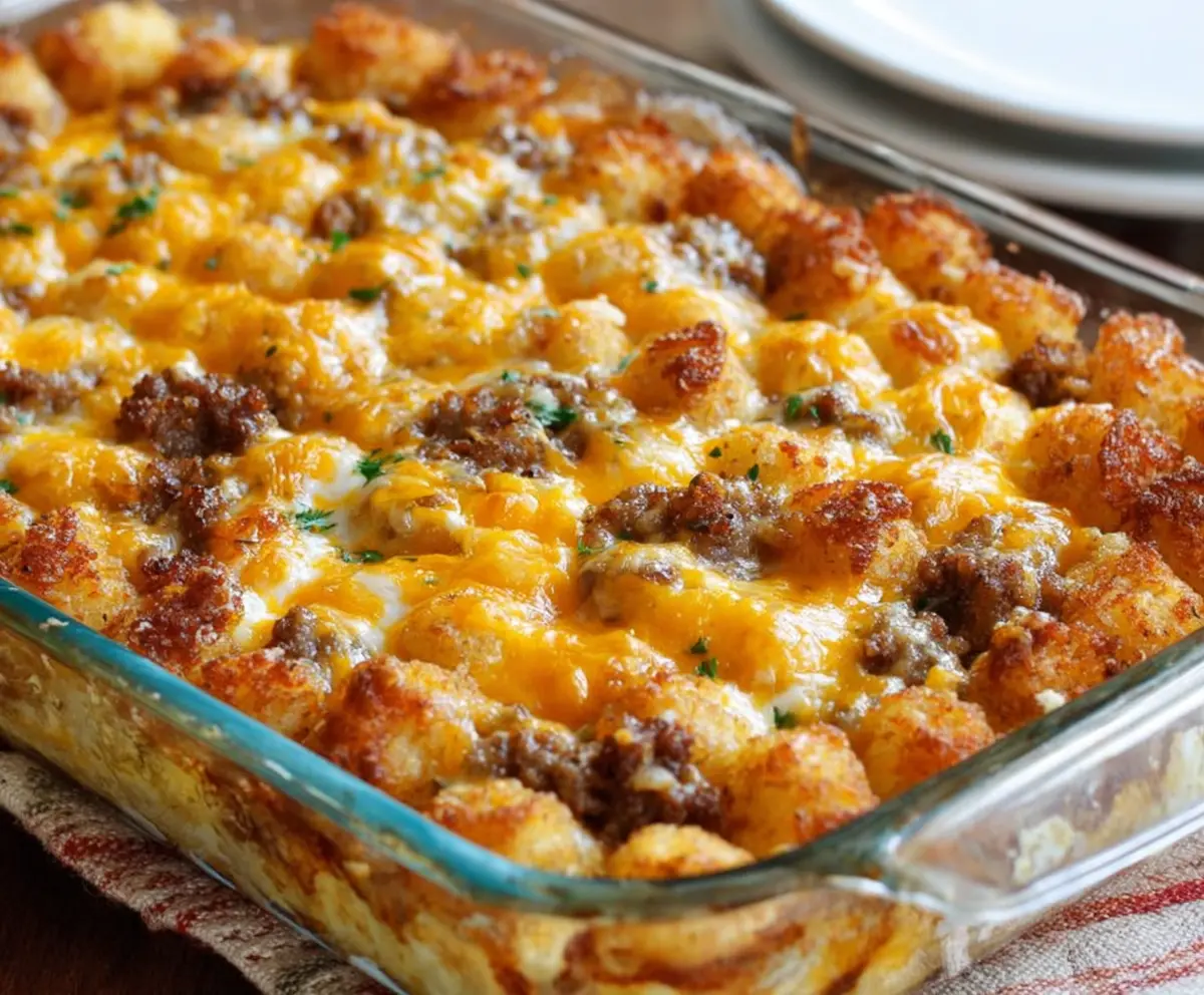 Delicious Tater Tot Sausage Breakfast Casserole ready to serve for breakfast or brunch.