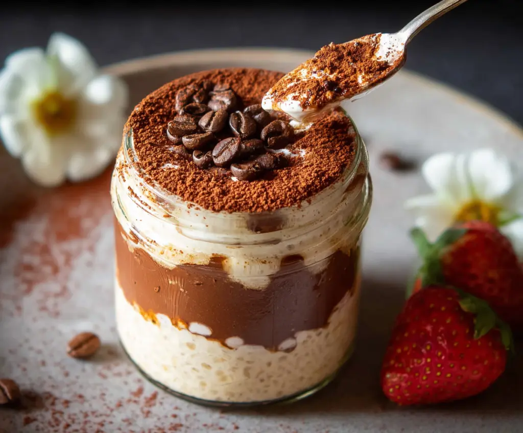Creamy Tiramisu Overnight Oats with coffee and cocoa powder for a delicious breakfast treat.