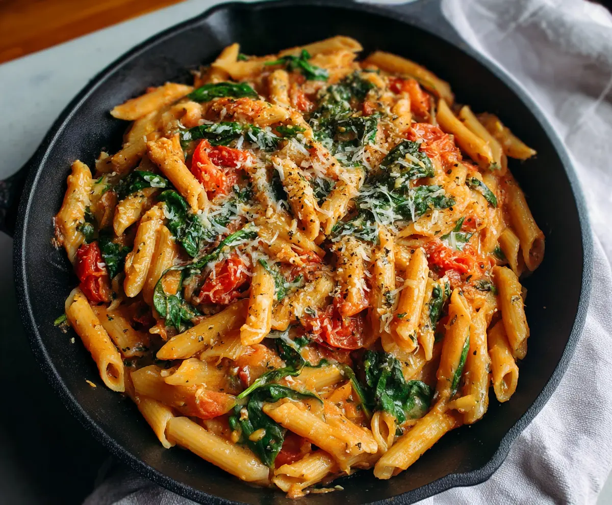 Delicious tomato spinach pasta with fresh herbs and melted cheese