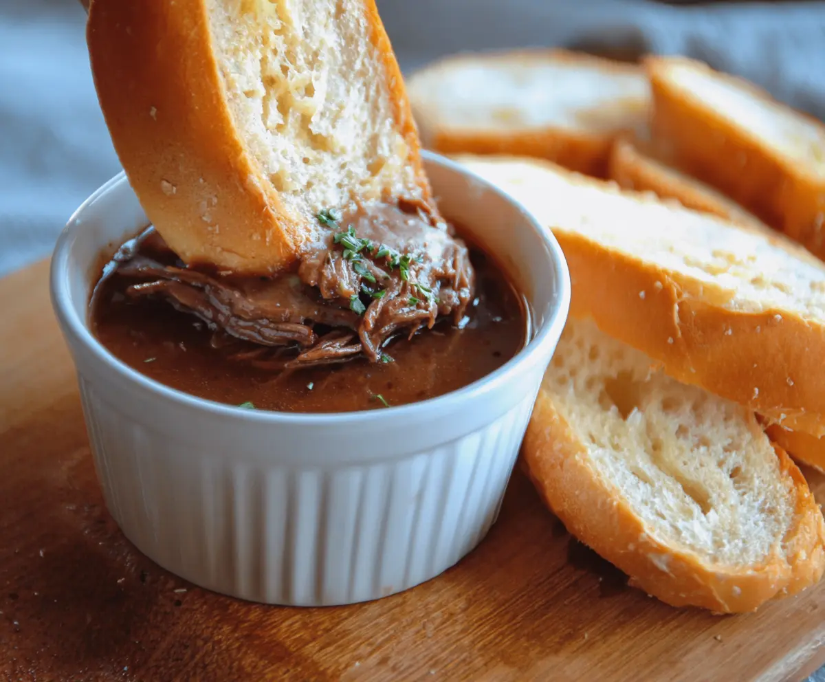 Delicious 5 Ingredient Beef Dip served with crispy chips on a plate.