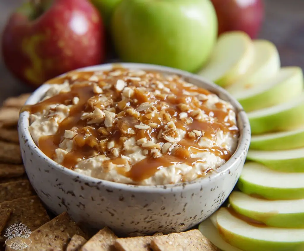 Creamy Apple Toffee Dip served with sliced fresh apples for a sweet snack.