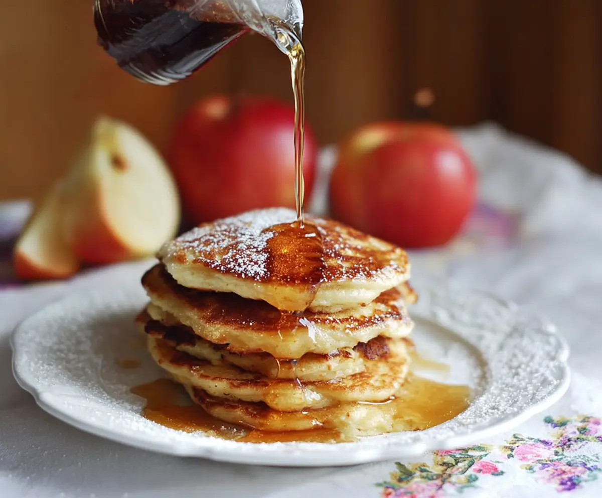 Delicious apple yogurt pancakes topped with fresh fruit and syrup, perfect for breakfast.