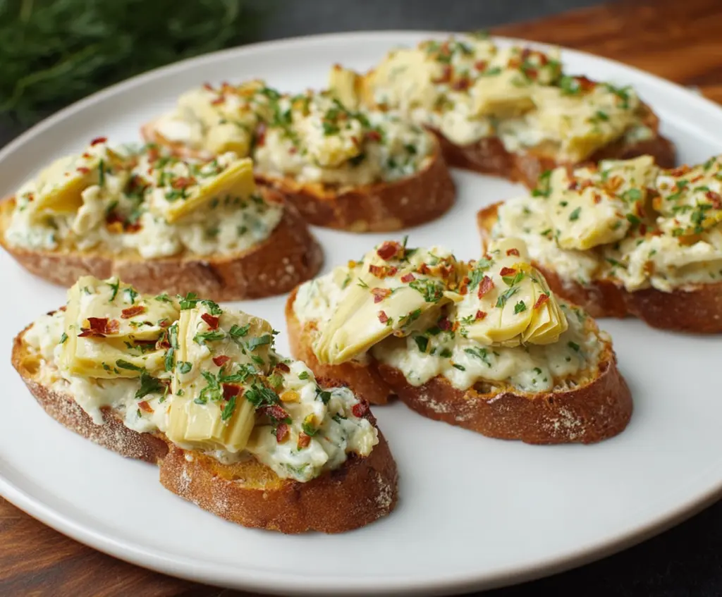 Delicious artichoke bruschetta topped with fresh herbs on a rustic wooden plate.