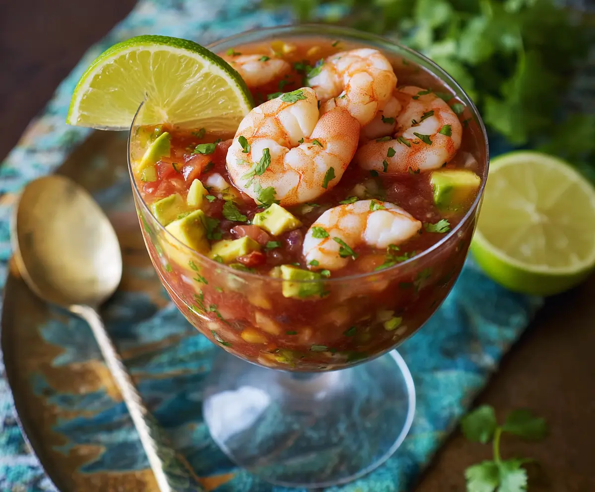 Delicious authentic Mexican shrimp cocktail served in a glass bowl with lime and cilantro garnish