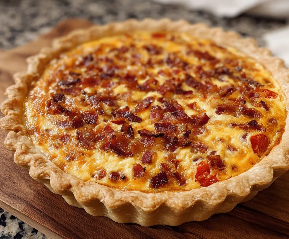 Delicious bacon and cheese quiche slice on a white plate with fresh herbs