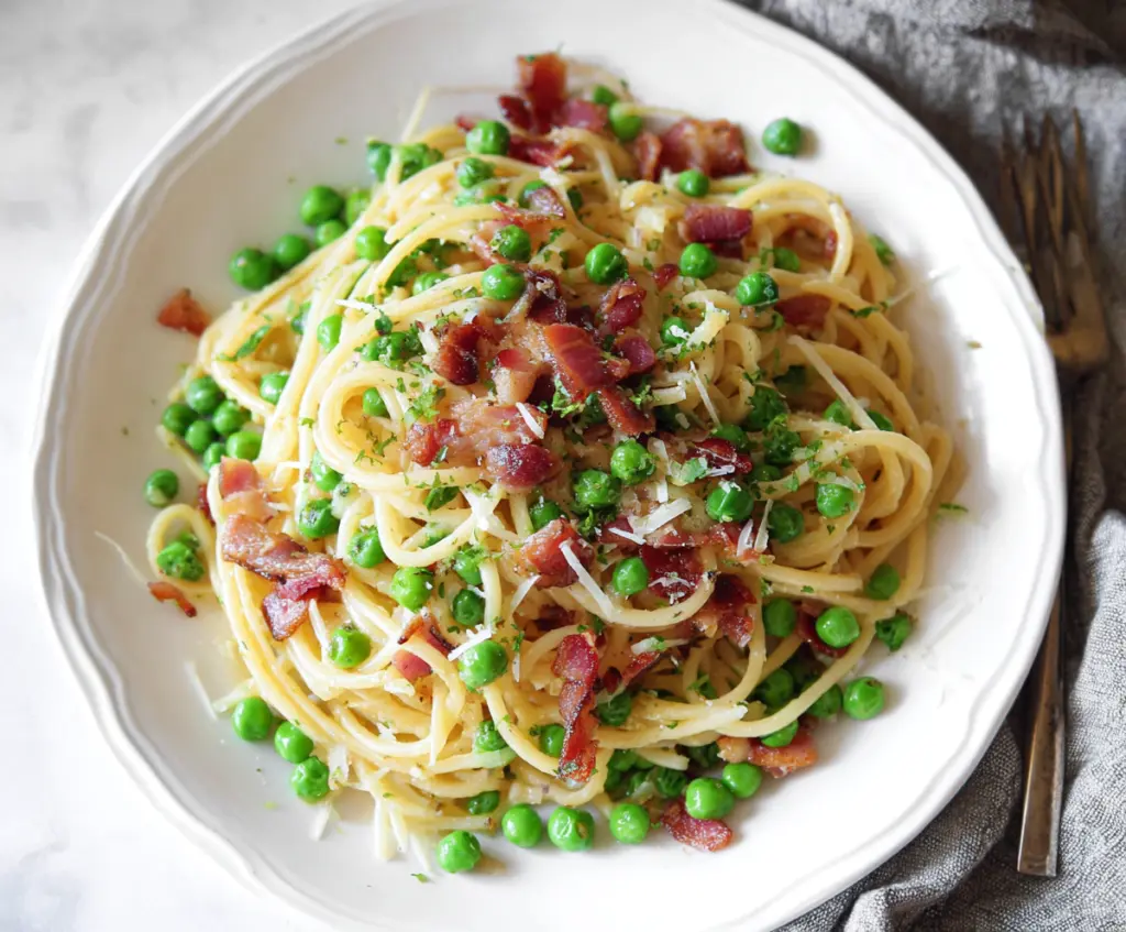 Delicious bacon and pea pasta served in a bowl, showcasing a tasty creamy sauce and fresh ingredients.