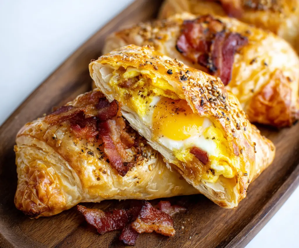 Delicious bacon, egg, and cheese puff pastry breakfast with golden pastry and savory fillings