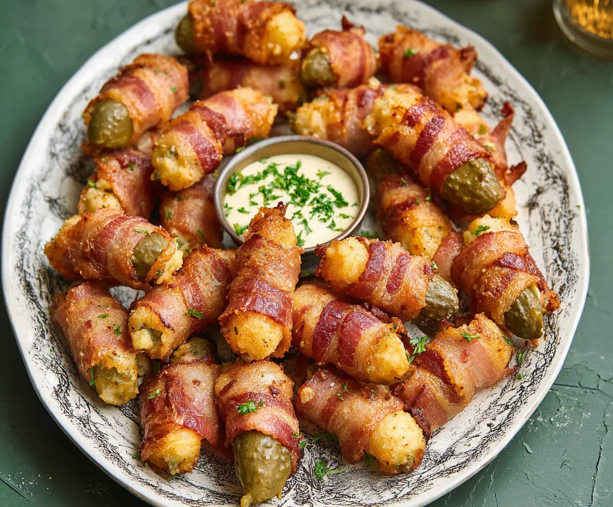 Delicious Bacon Pickle Poppers garnished with fresh herbs on a serving platter