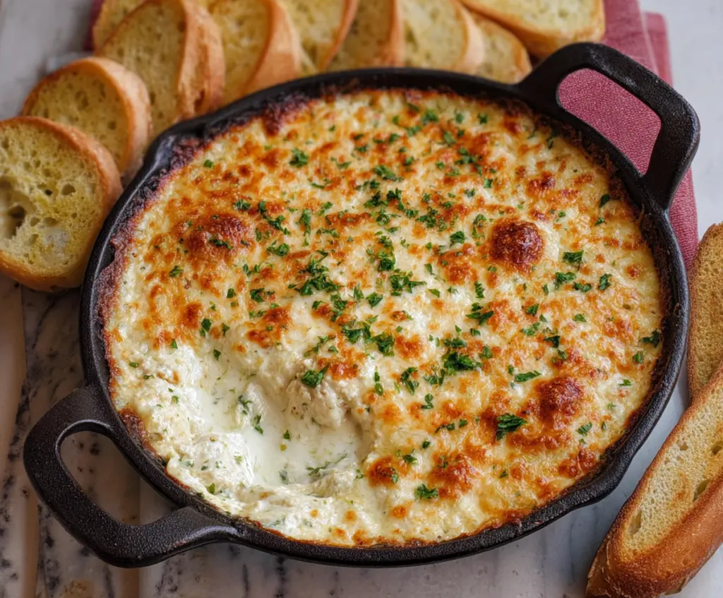 Delicious Baked Chicken Alfredo Dip served in a white bowl with breadsticks, perfect for party snacks.