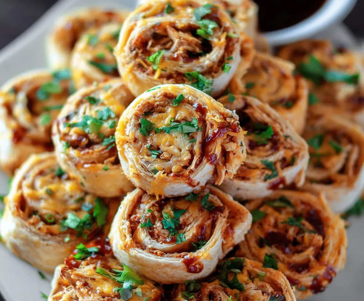 Delicious BBQ Chicken Cheddar Pinwheels fresh out of the oven, showcasing crispy golden rolls filled with smoky barbecue chicken and melted cheddar cheese.