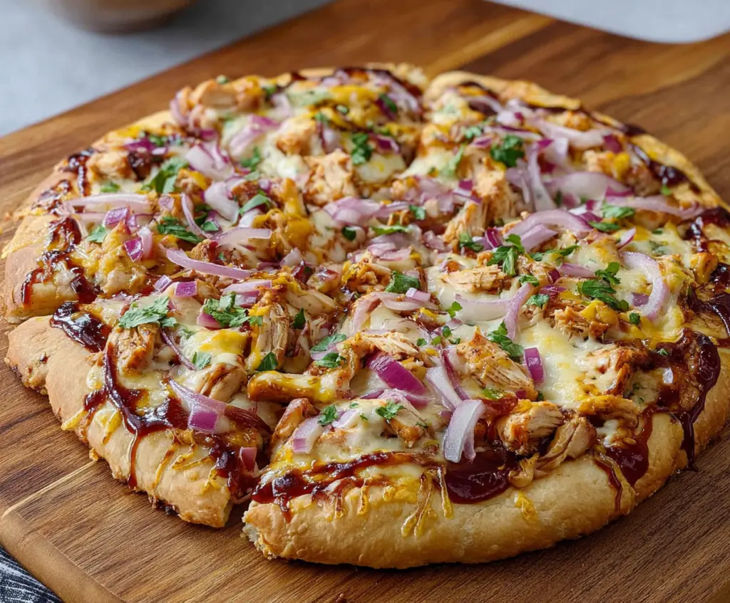 Delicious BBQ Chicken Pizza topped with melted cheese and smoky chicken pieces.