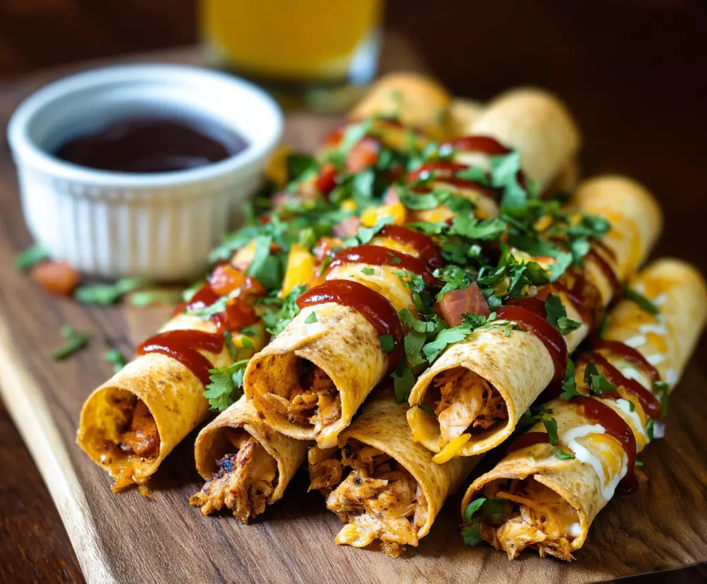 Delicious BBQ Chicken Taquitos served with fresh toppings on a plate.