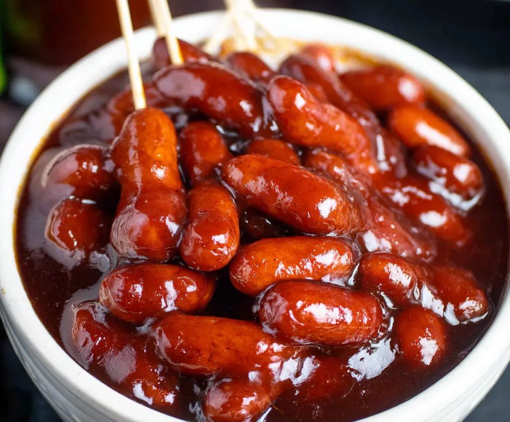Delicious BBQ Little Smokies cooked in a crock pot, perfect for party appetizers.
