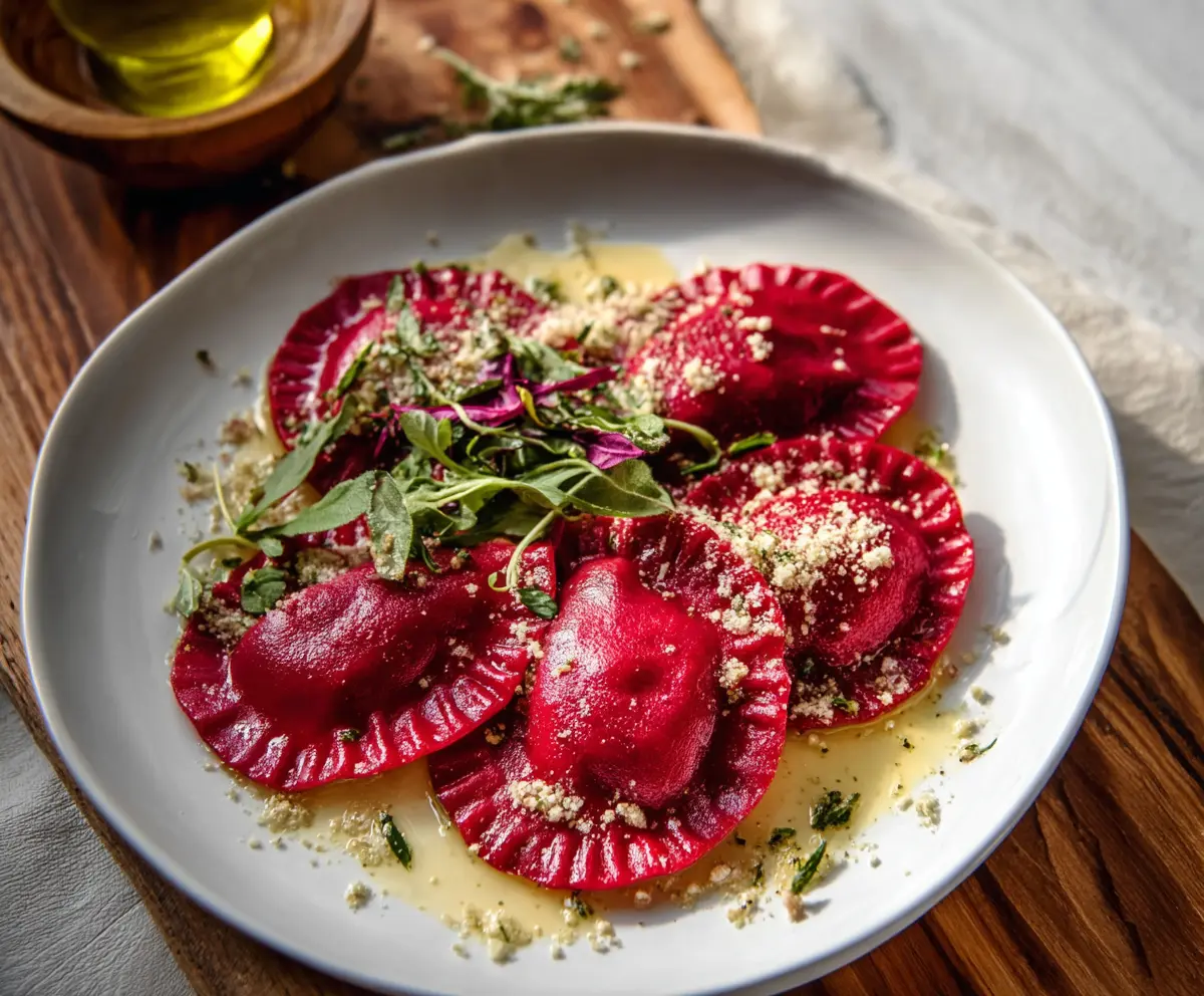 Delicious homemade beet ravioli with vibrant pink filling on a rustic plate