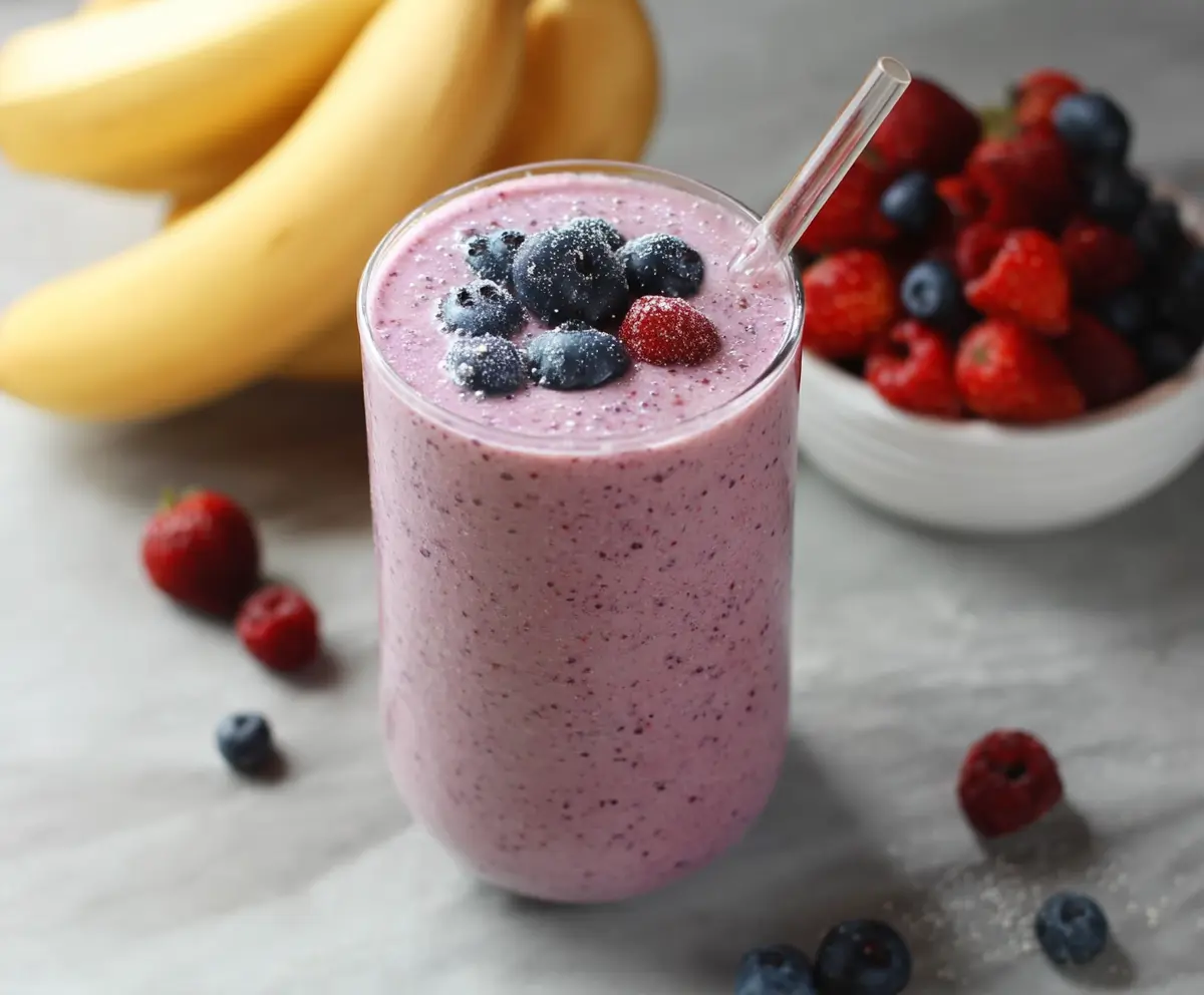 Refreshing berry banana smoothie in a glass, garnished with fresh berries and a banana slice.
