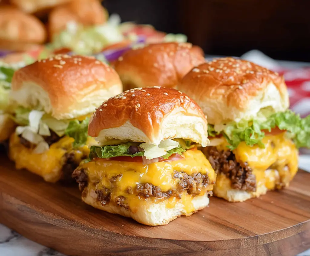 Delicious Big Mac Cheeseburger Sliders stacked with lettuce, cheese, and special sauce.