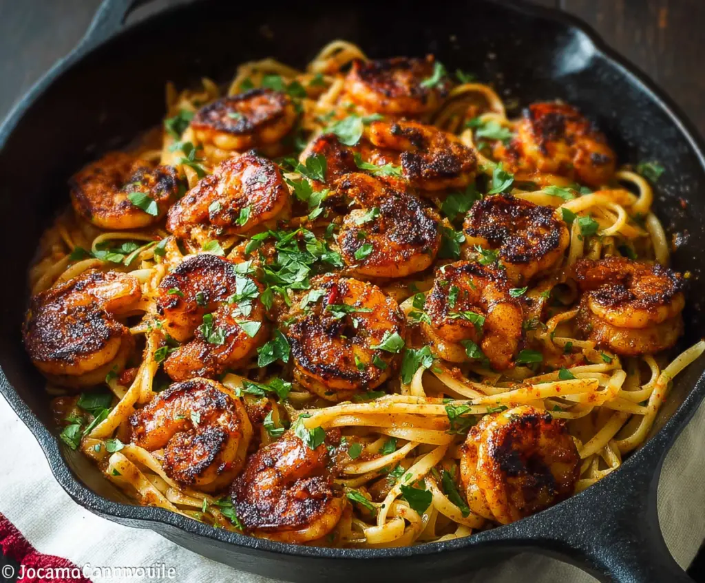Delicious blackened shrimp pasta with flavorful spices and fresh herbs on a white plate.