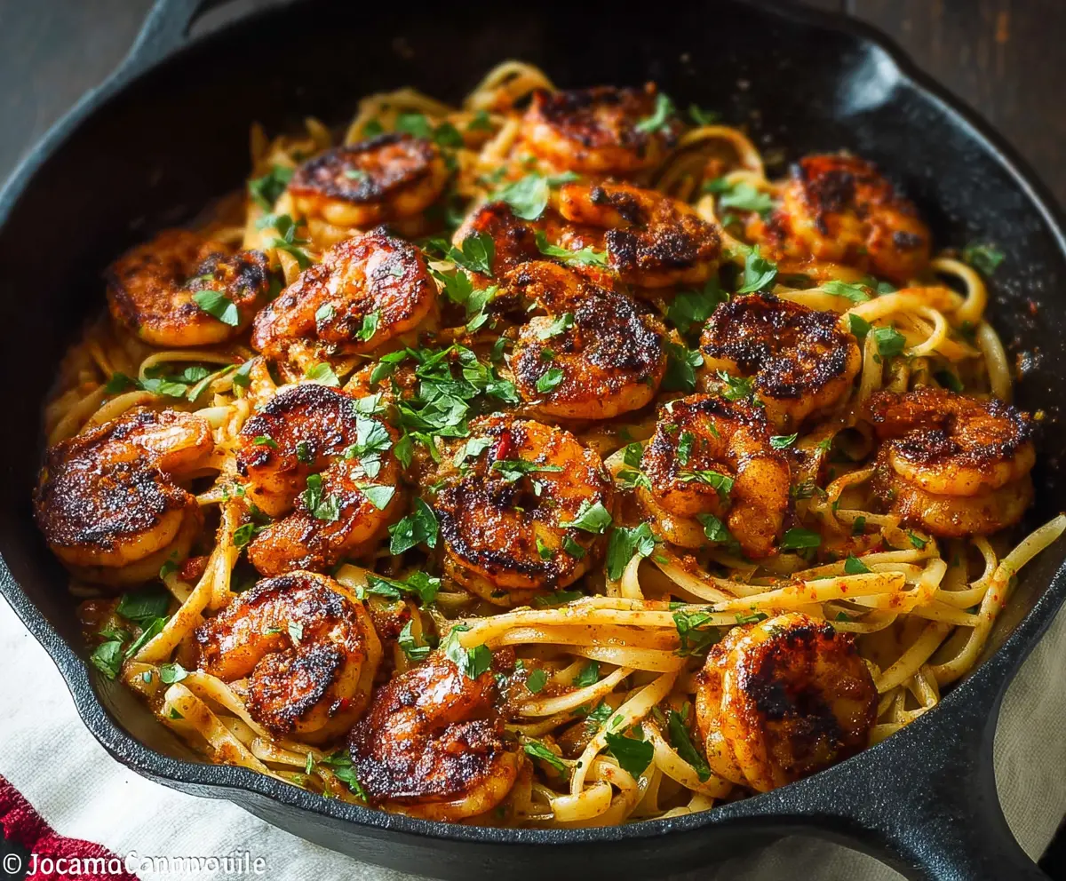 Delicious blackened shrimp pasta with flavorful spices and fresh herbs on a white plate.
