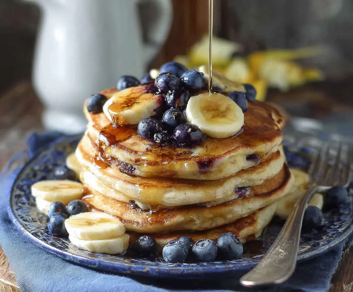 Delicious blueberry banana pancakes stacked on a plate with fresh blueberries and sliced bananas.