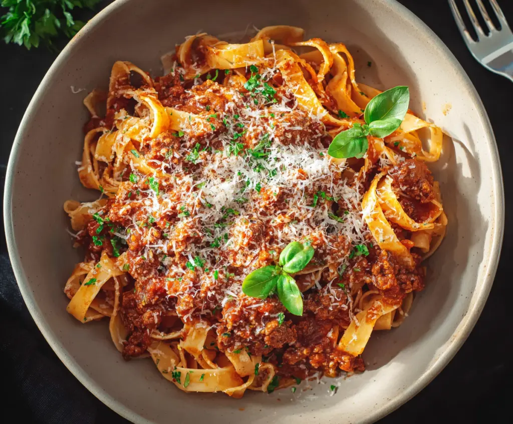 Delicious homemade Bolognese pasta served with fresh herbs and grated cheese