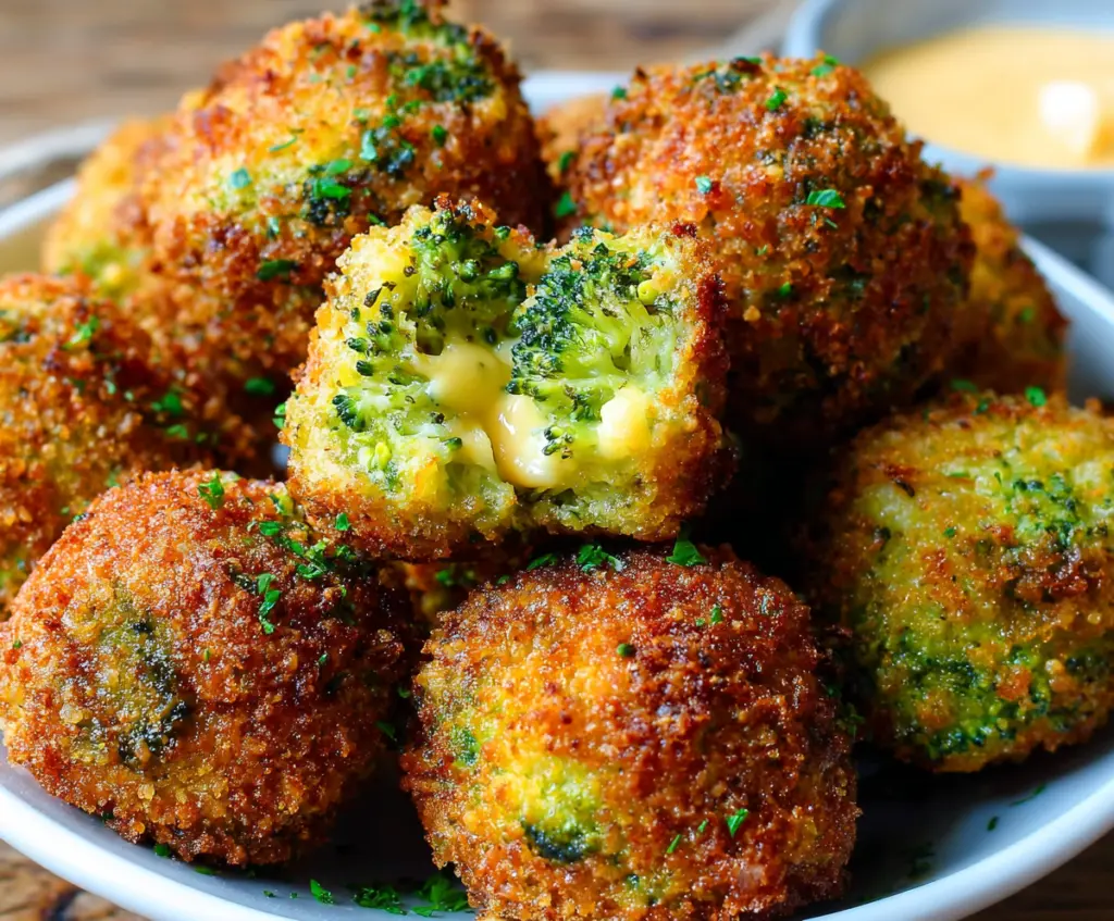 Delicious homemade Broccoli Cheddar Poppers served fresh on a white platter.