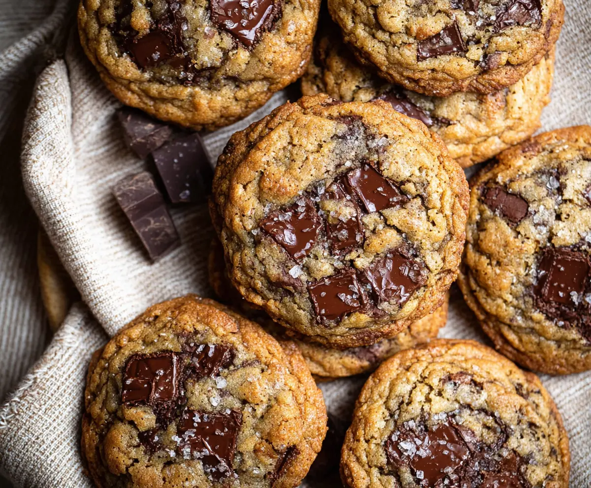 Delicious homemade brown butter sourdough discard chocolate chip cookies on a baking sheet.