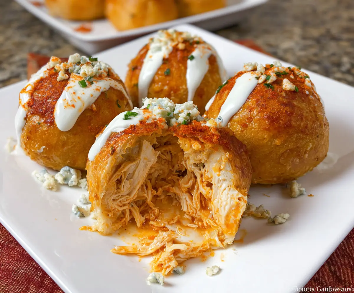 Savory Buffalo Chicken Bombs filled with spicy chicken and melted cheese, perfect for game day snacks.