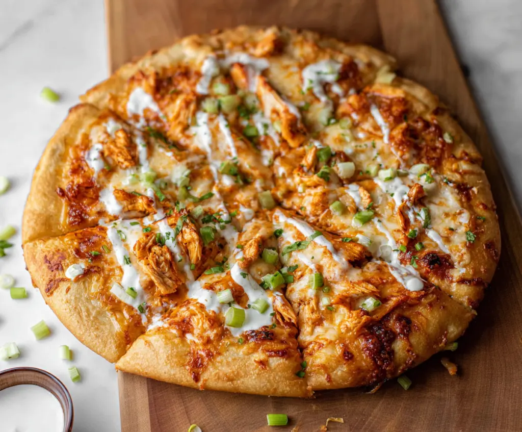 Delicious Buffalo Chicken Pizza topped with melted cheese and spicy buffalo sauce.