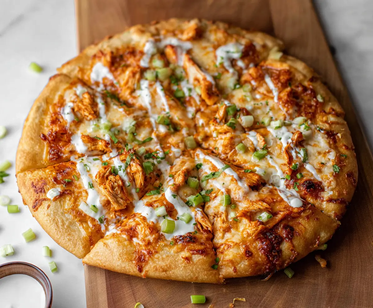 Delicious Buffalo Chicken Pizza topped with melted cheese and spicy buffalo sauce.