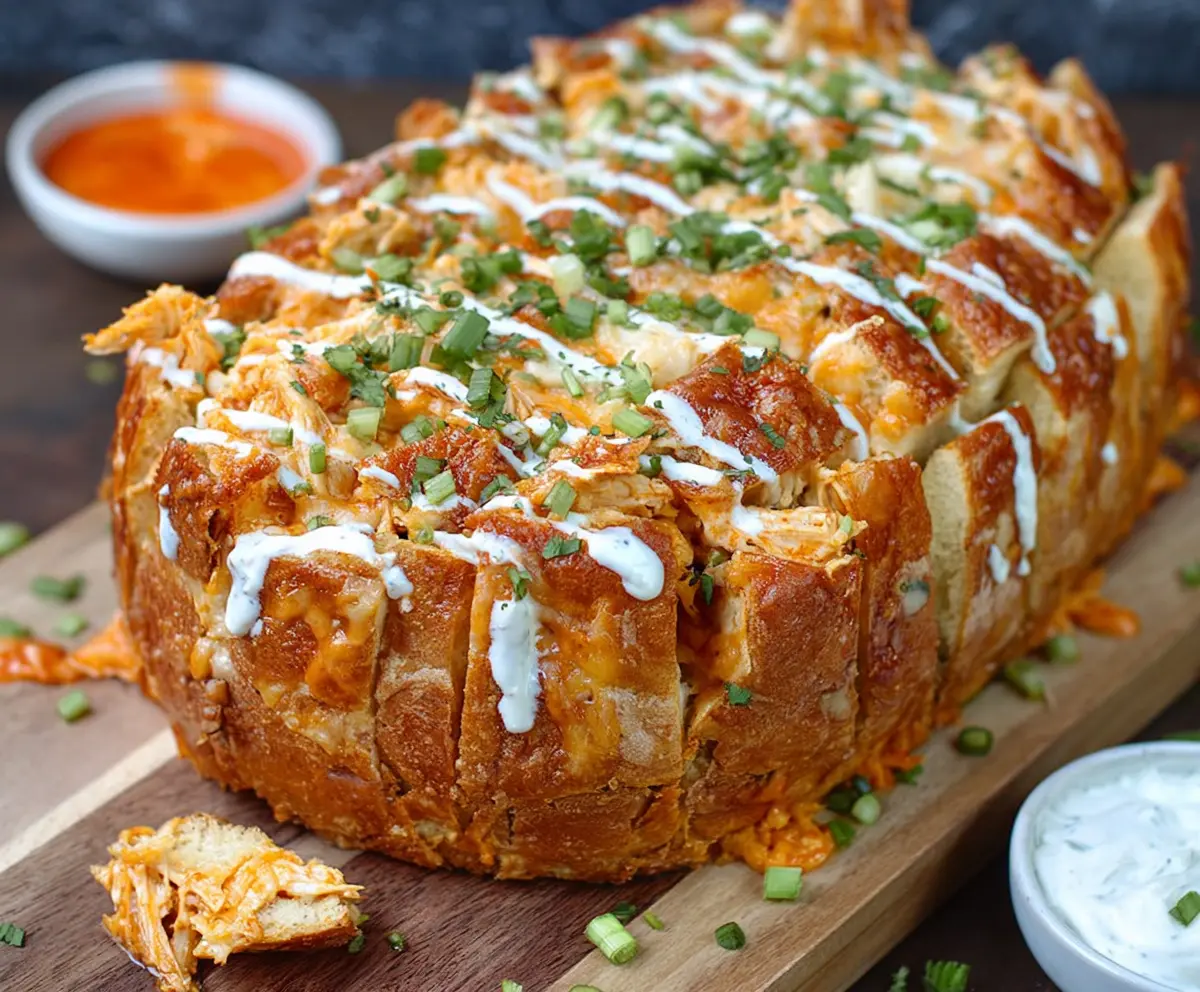 Delicious Buffalo Chicken Pull Apart Bread topped with melted cheese and spicy buffalo sauce.