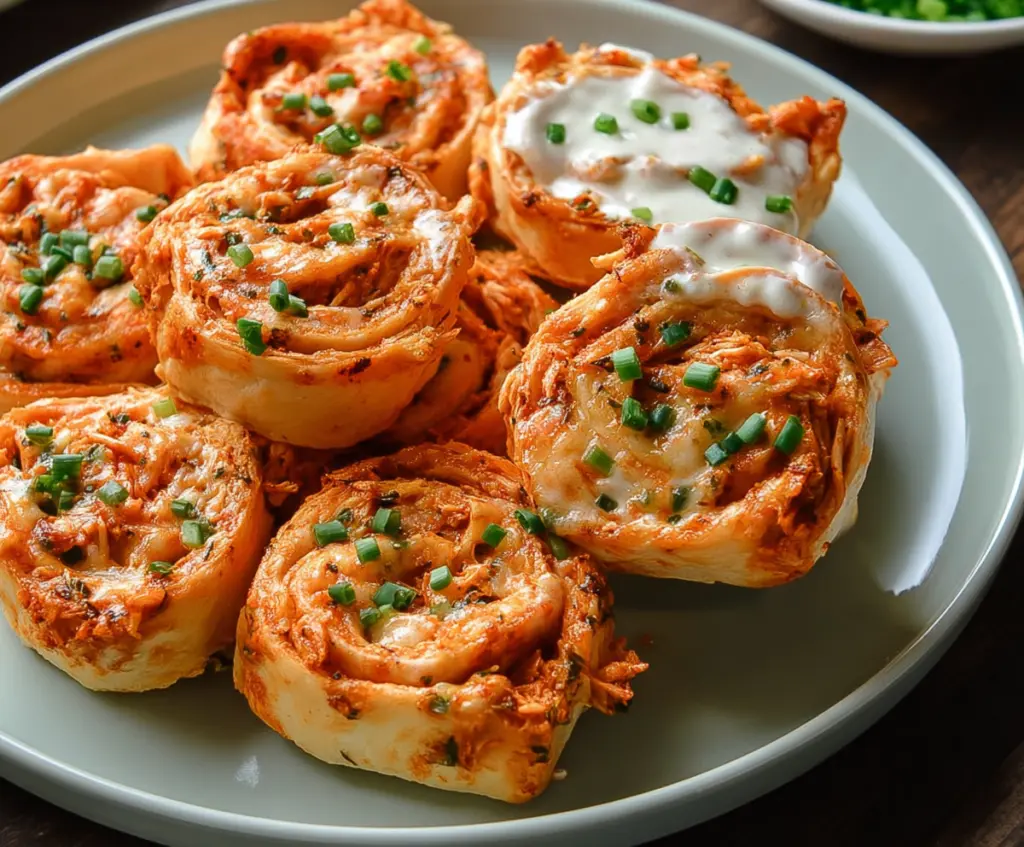 Delicious Buffalo Chicken Ranch Pinwheels sliced and ready to serve as a savory appetizer.