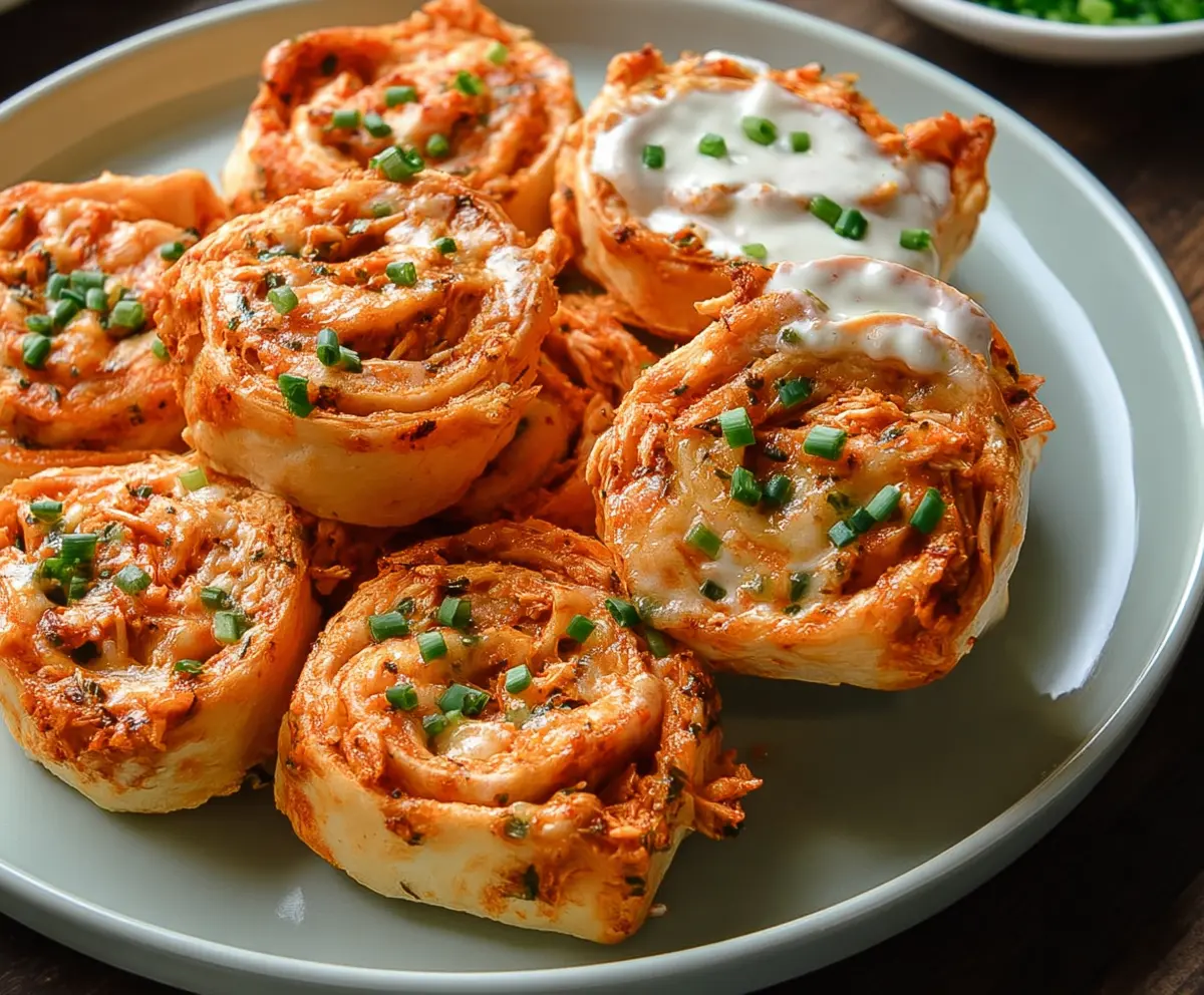Delicious Buffalo Chicken Ranch Pinwheels sliced and ready to serve as a savory appetizer.