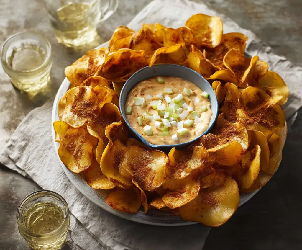 Crunchy Buffalo Chips with spicy Louisiana Hot Dip served on a platter