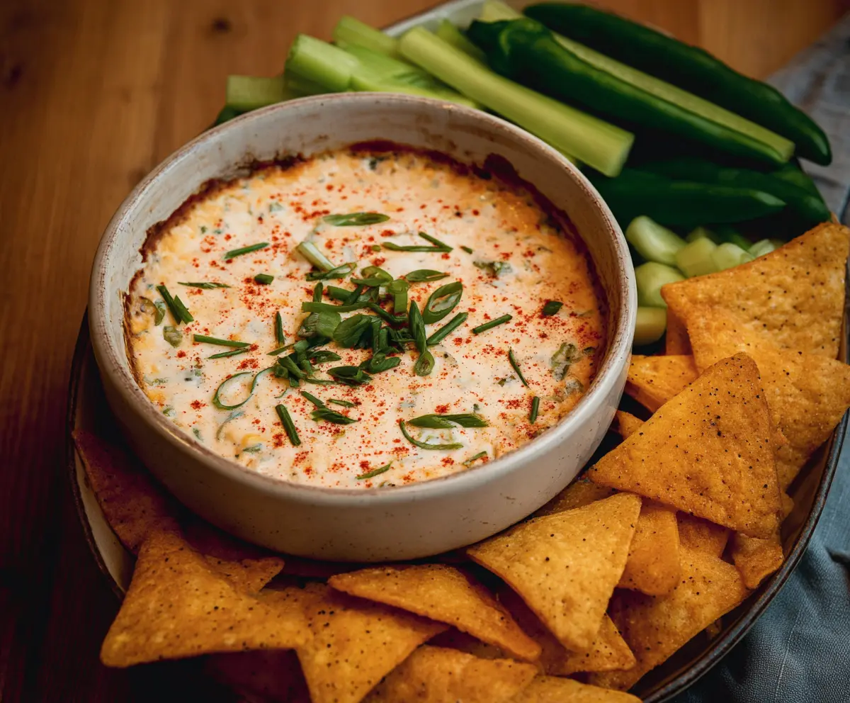 Creamy Buffalo Ranch Dip served with tortilla chips, perfect for parties.