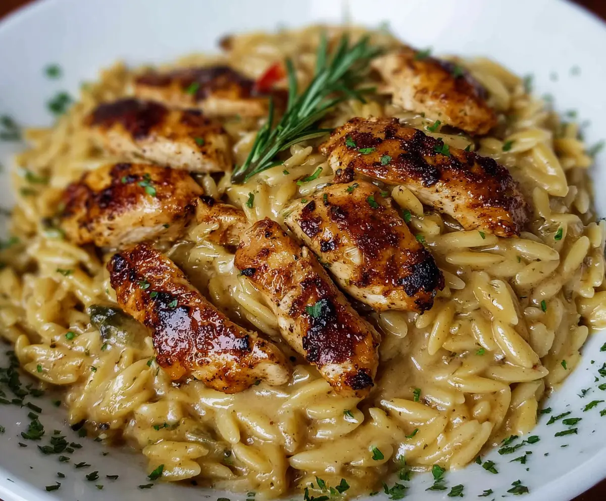 Creamy Cajun Chicken Alfredo Orzo served with fresh herbs and a side of vegetables.