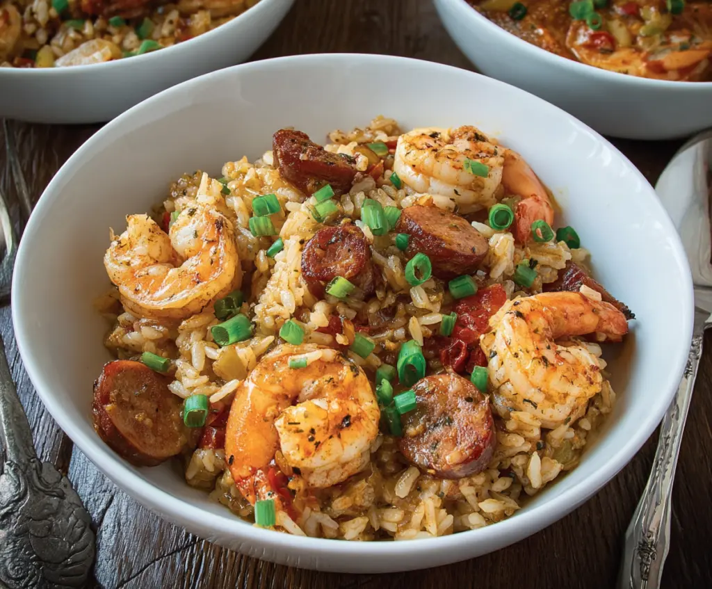Delicious Cajun Jambalaya with tender chicken, shrimp, and sausage in a flavorful rice dish.