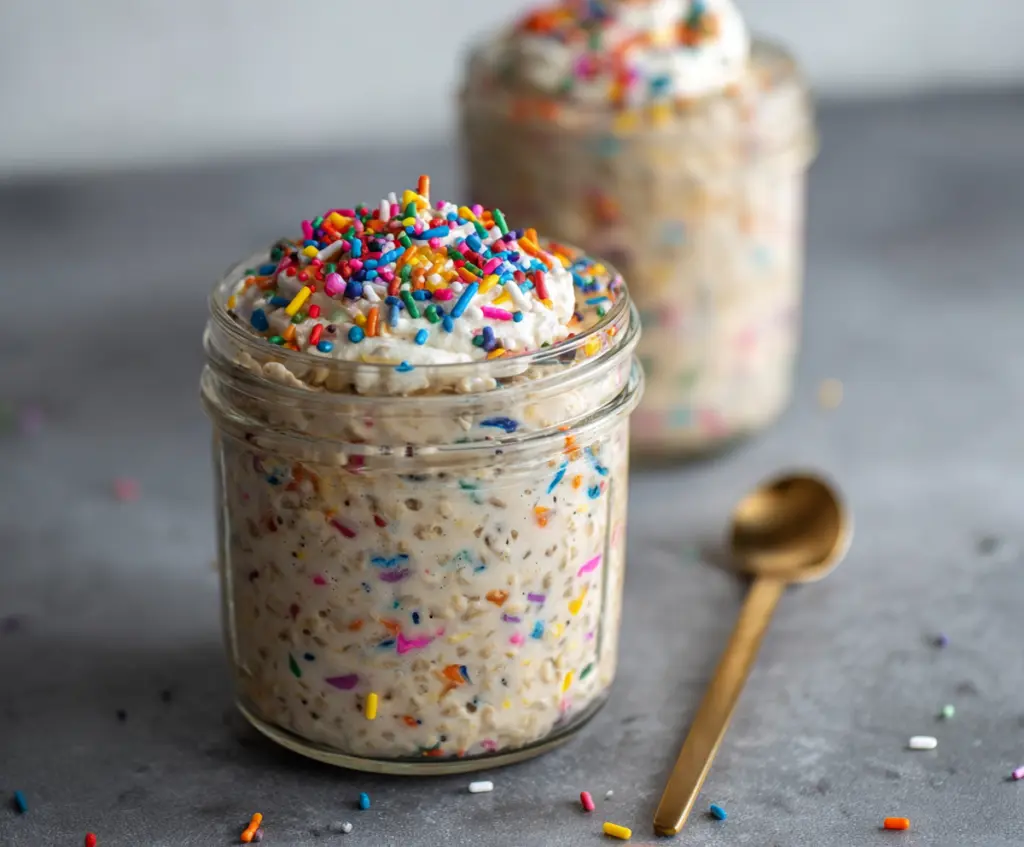 Delicious Cake Batter Overnight Oats served in a glass jar with colorful toppings highlighting a nutritious breakfast option.