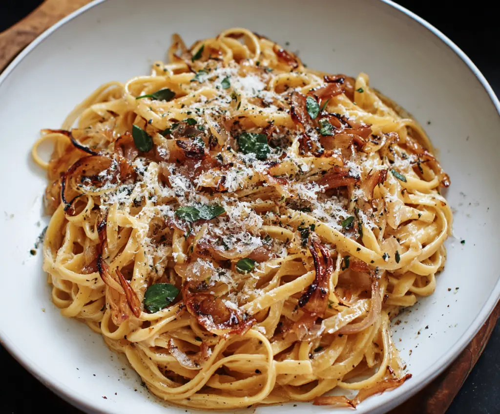 Delicious caramel onion pasta served on a plate, showcasing a savory and sweet flavor combination.