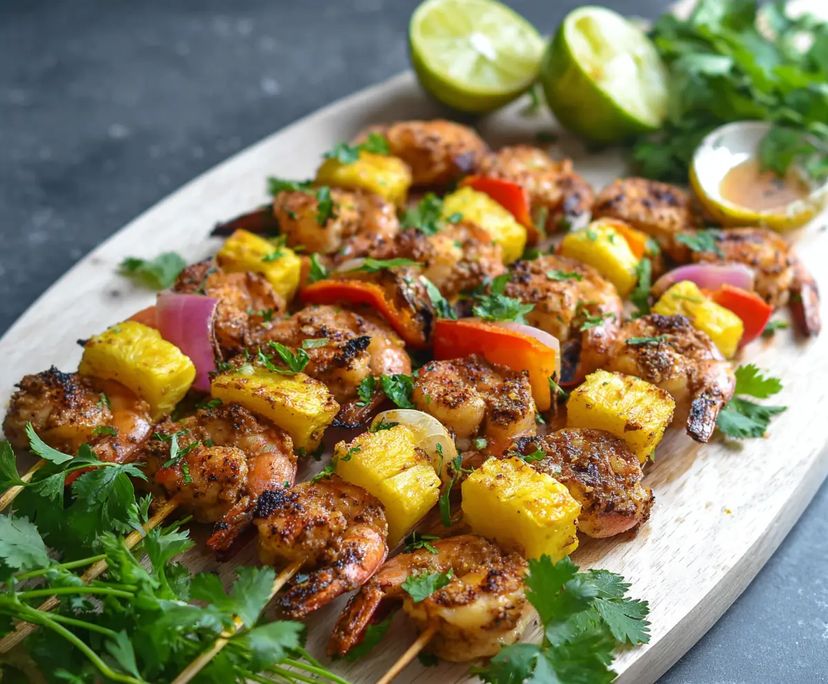 Delicious Caribbean Jerk Shrimp Skewers grilled to perfection with vibrant spices and colorful vegetables.