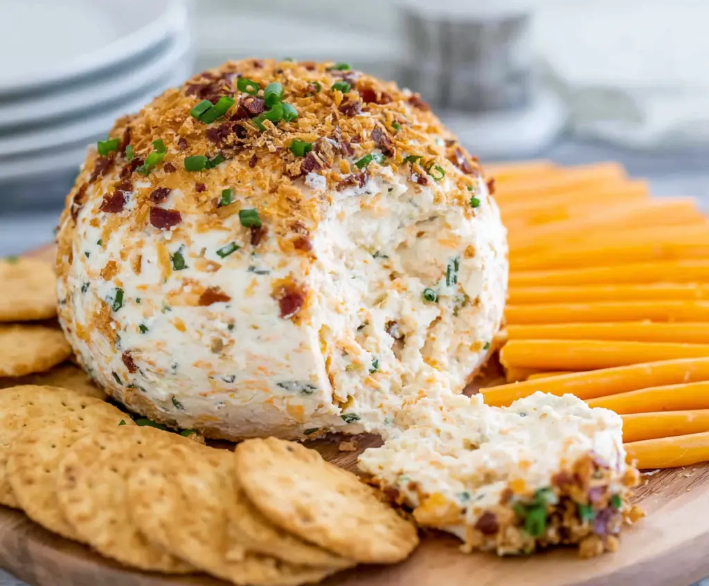 Creamy cheddar ranch cheeseball with herbs on a platter for appetizer.