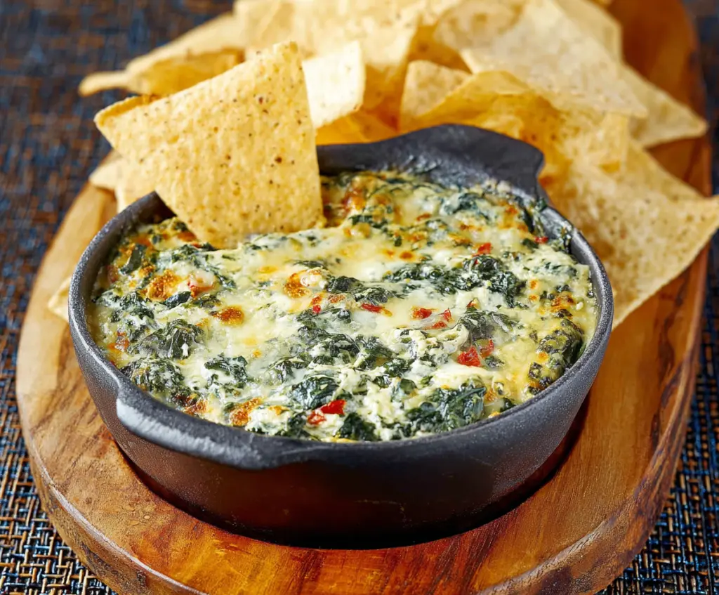 Delicious Cheddars Santa Fe Spinach Dip served in a bowl with fresh ingredients
