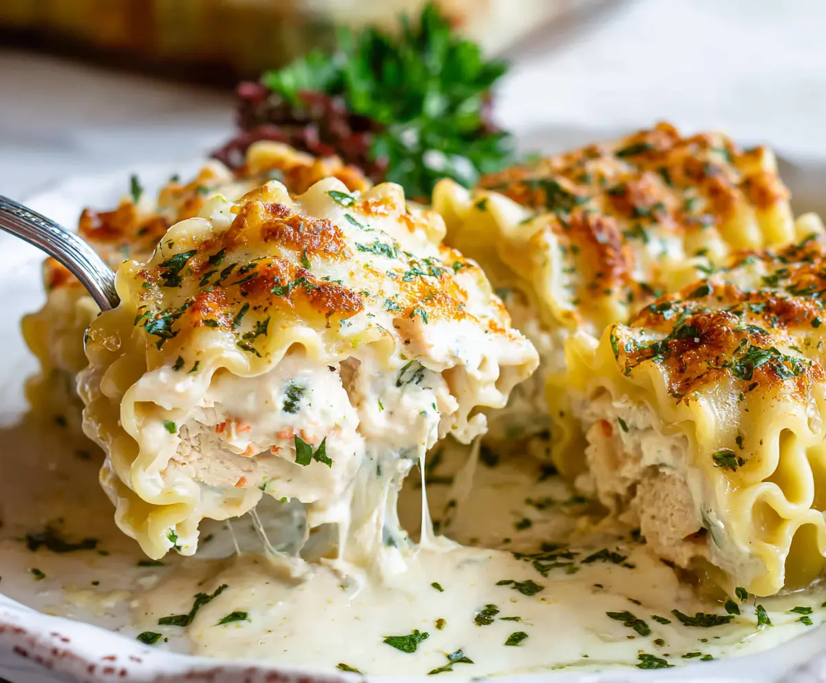 Delicious Chicken Alfredo Lasagna Rolls with creamy sauce and melted cheese on a serving plate